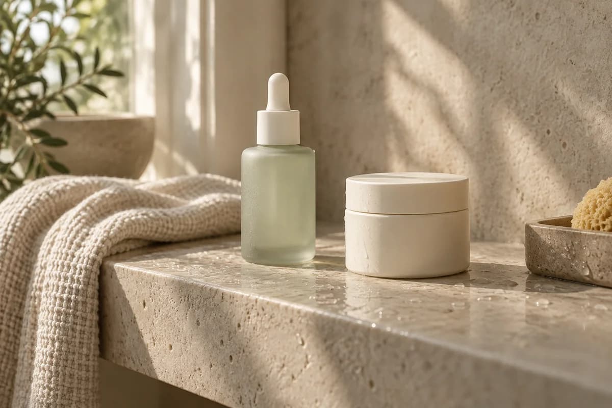 Doğal ışıkta serum şişesi ve krem kavanozu, AI konsept görseli