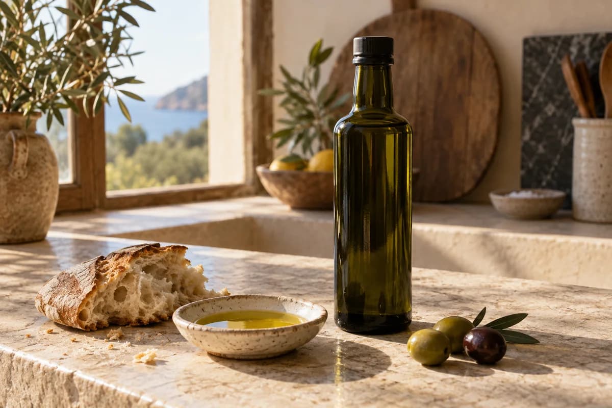 Zeytinyağı şişesi, ekmek ve tadım tabağı, AI konsept görseli