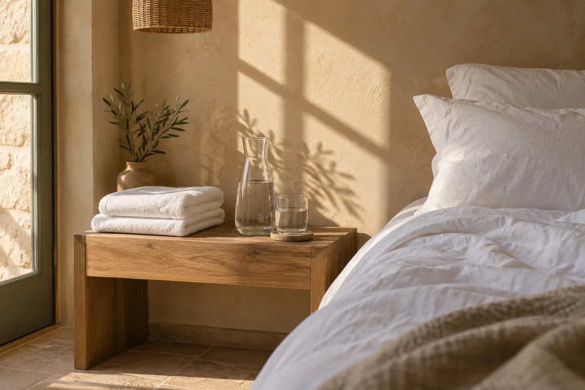 Gün ışığında otel odası detayı, AI atmosfer görseli